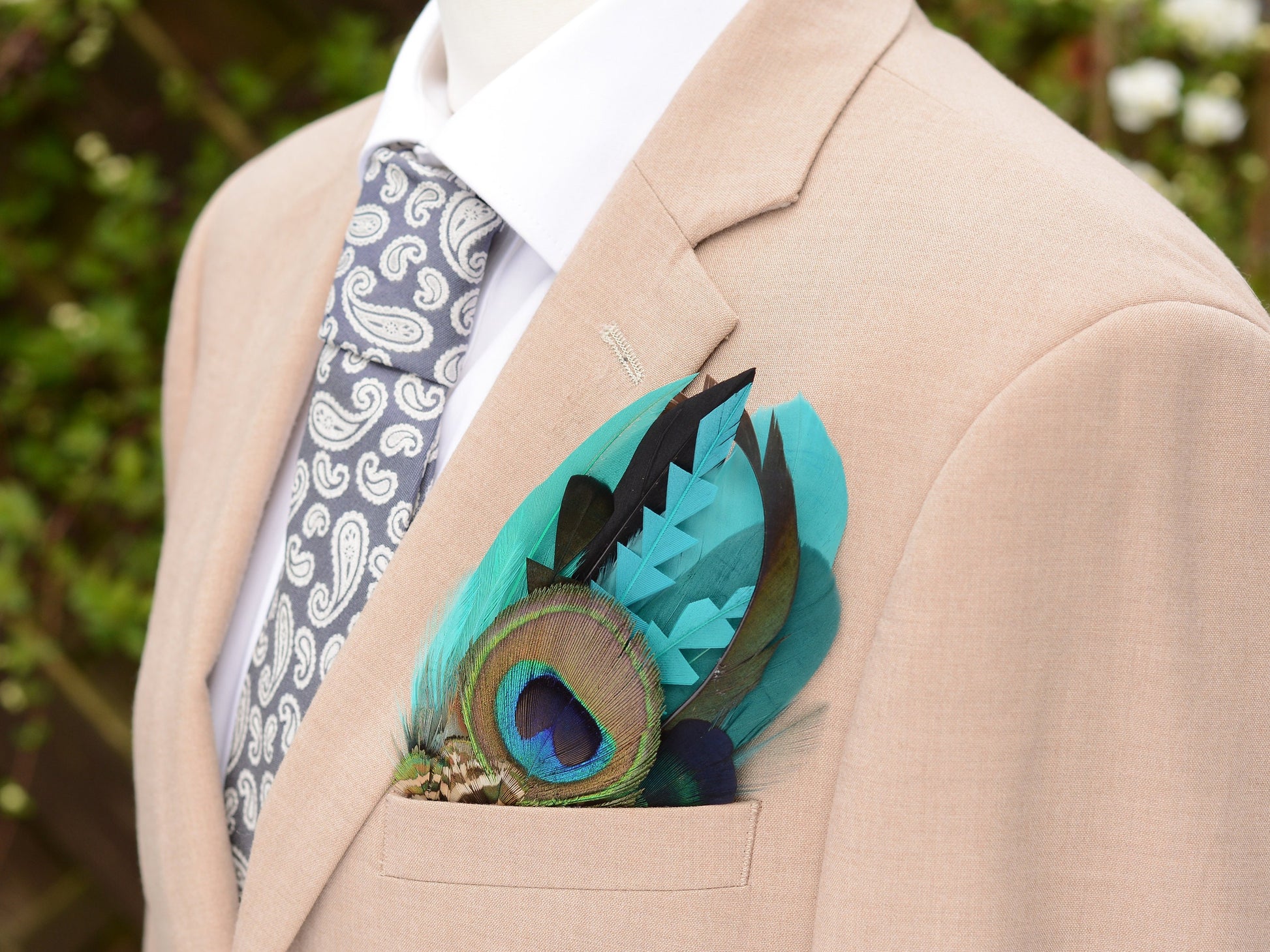 Shades of Teal and Turquoise Peacock Eye Feather Pocket Square No.236 | Suit Accessory