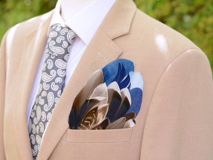 Navy Blue and Grey and Duck Feather Pocket Square No.254 | Suit Accessory | Feather Neck Tie | Grooms Outfit |