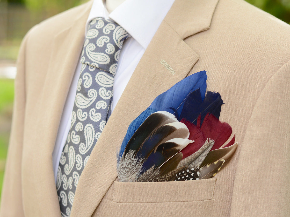 Navy Blue and Plum Duck Feather Pocket Square No.256 | Suit Accessory | Feather Neck Tie | Grooms Outfit | Groomsmen Gift