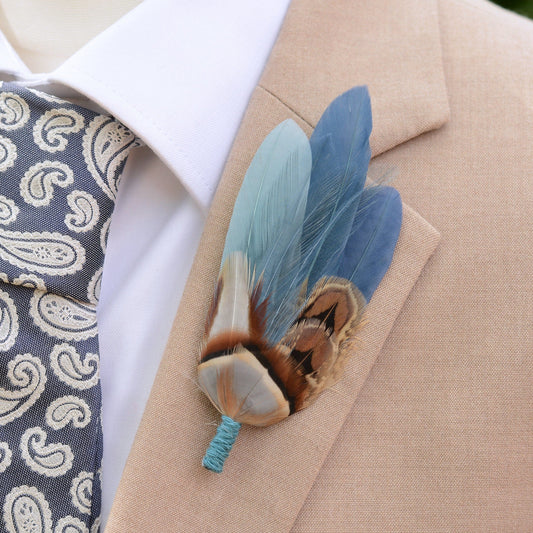 Feather Hat Pin in Ombre Blue Pheasant and Duck Feathers | Duck Feather Boutonniere |Pheasant Feather Brooch