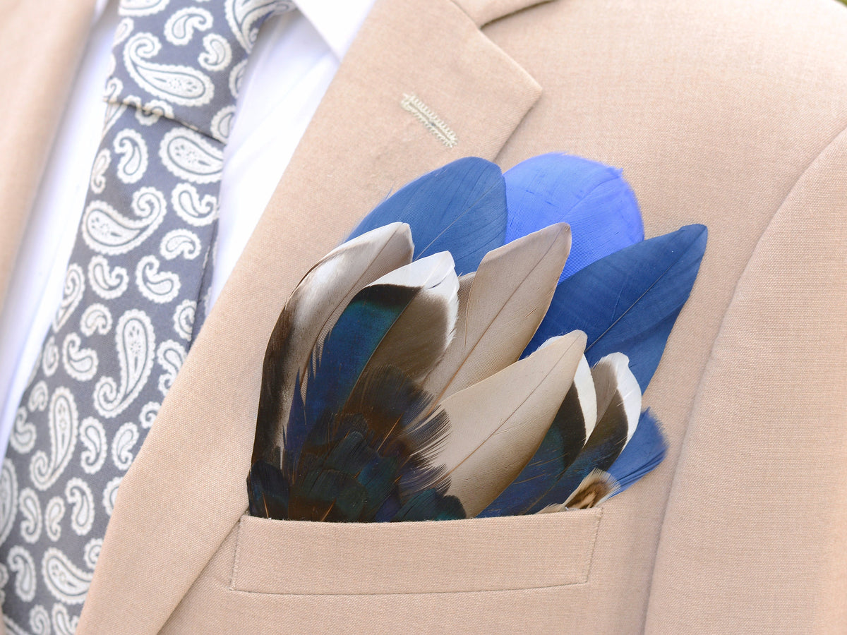 Deep Navy Blue and Grey Duck and Pheasant Feather Pocket Square No.269 | Suit Accessory | Feather Neck Tie | Grooms Outfit |