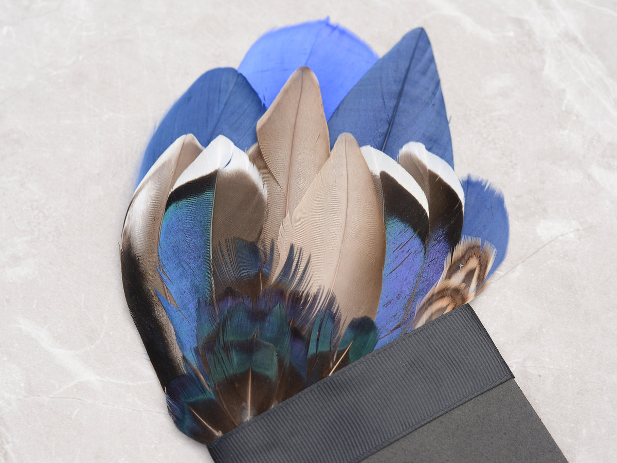 Deep Navy Blue and Grey Duck and Pheasant Feather Pocket Square No.269 | Suit Accessory | Feather Neck Tie | Grooms Outfit |