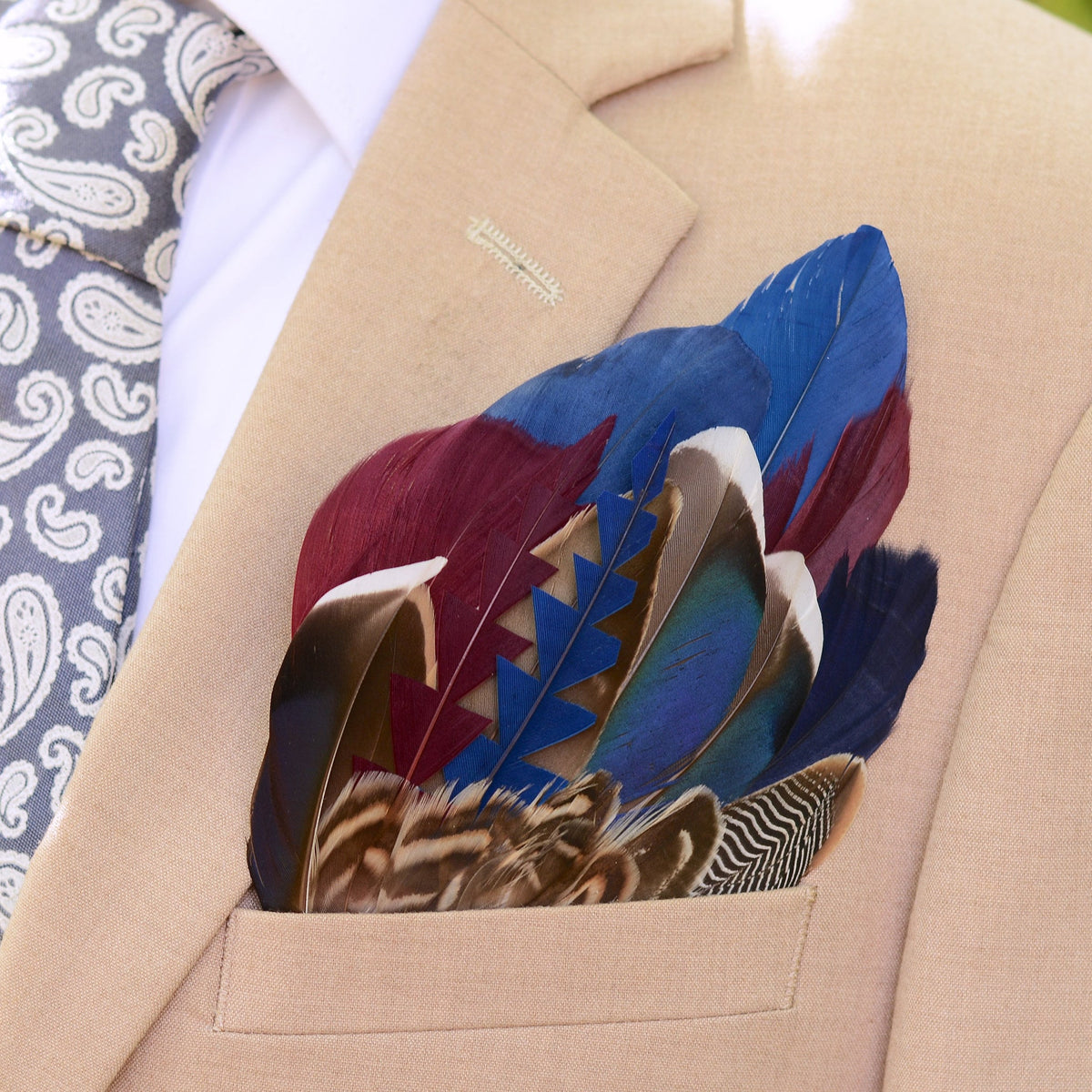 Navy Blue and Burgundy Duck Feather Pocket Square No.261 | Suit Accessory | Feather Neck Tie | Grooms Outfit
