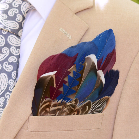 Navy Blue and Burgundy Duck Feather Pocket Square No.261 | Suit Accessory | Feather Neck Tie | Grooms Outfit
