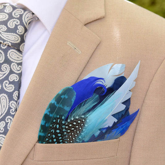 Blue and Turquoise Feather Pocket Square No.262 | Suit Accessory | Feather Neck Tie | Grooms Outfit | Groomsmen Gift | Wedding
