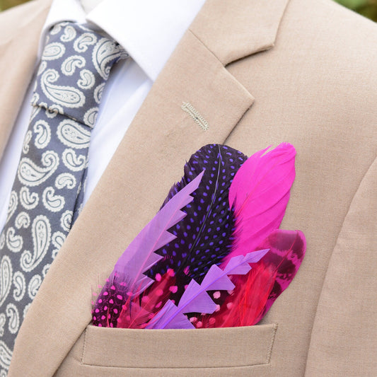 Purple and Pink Spotted Feather Pocket Square No.267 | Suit Accessory | Feather Neck Tie | Grooms Outfit | Groomsmen Gift | Wedding