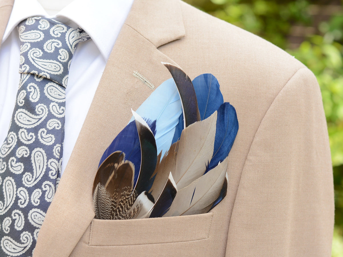 Navy Blue and Grey Duck Feather Pocket Square No.266 | Suit Accessory | Feather Neck Tie | Grooms Outfit |