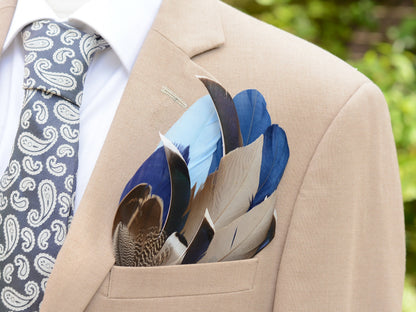 Navy Blue and Grey Duck Feather Pocket Square No.266 | Suit Accessory | Feather Neck Tie | Grooms Outfit |