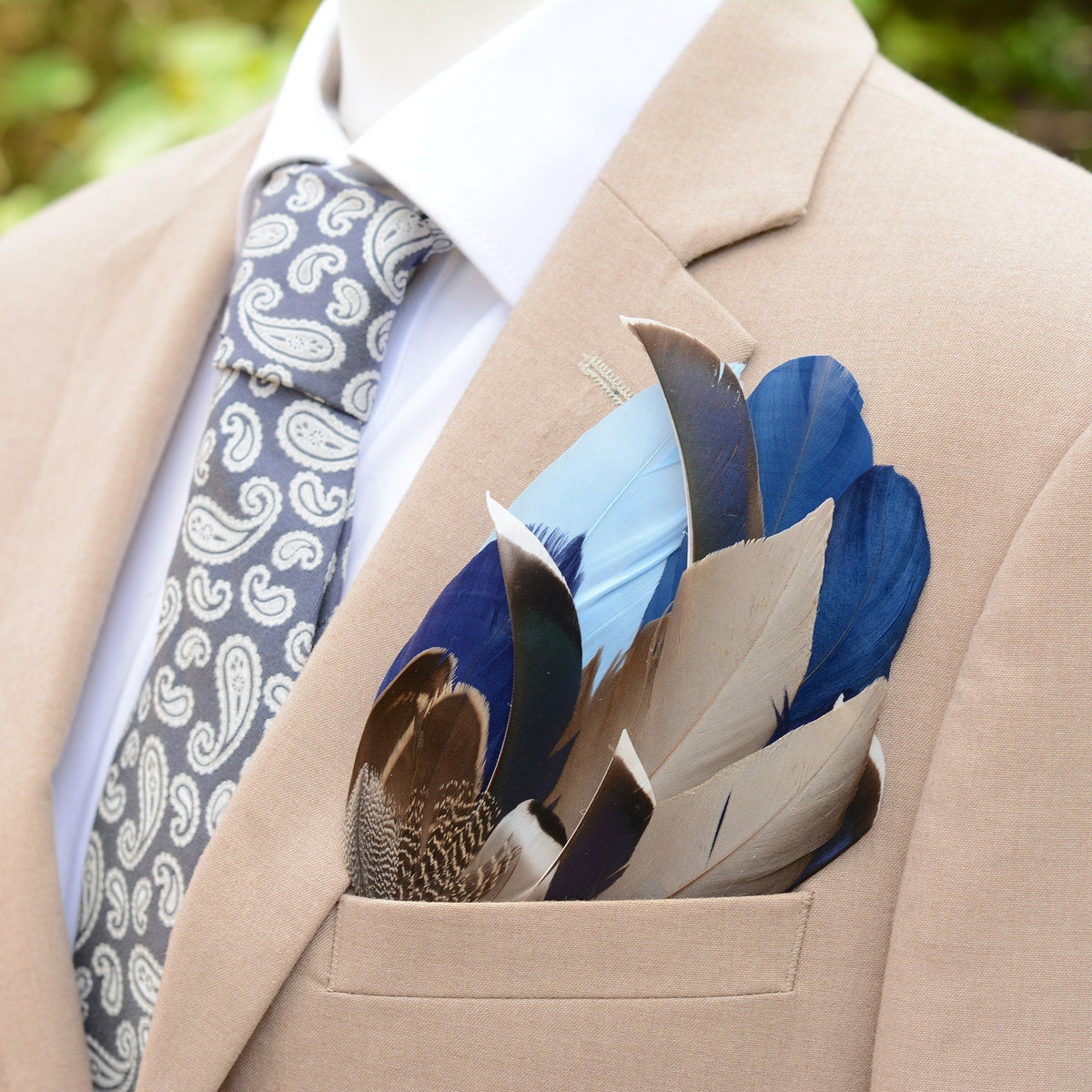 Navy Blue and Grey Duck Feather Pocket Square No.266 | Suit Accessory | Feather Neck Tie | Grooms Outfit |