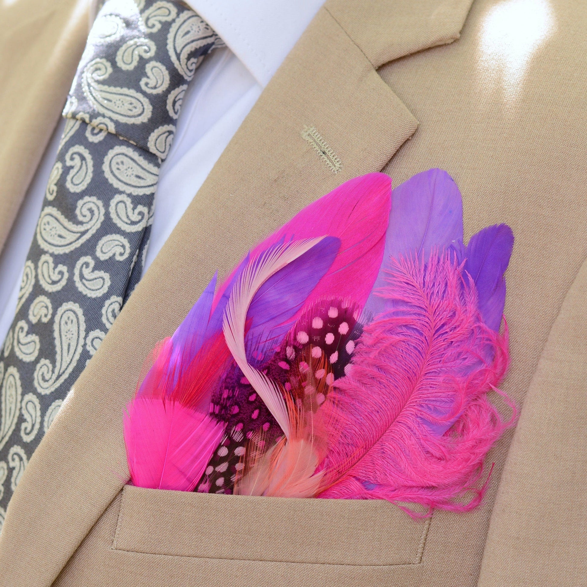 Vibrant Purple and Pink Feather Pocket Square No.265 | Suit Accessory | Feather Neck Tie | Grooms Outfit | Groomsmen Gift | Wedding