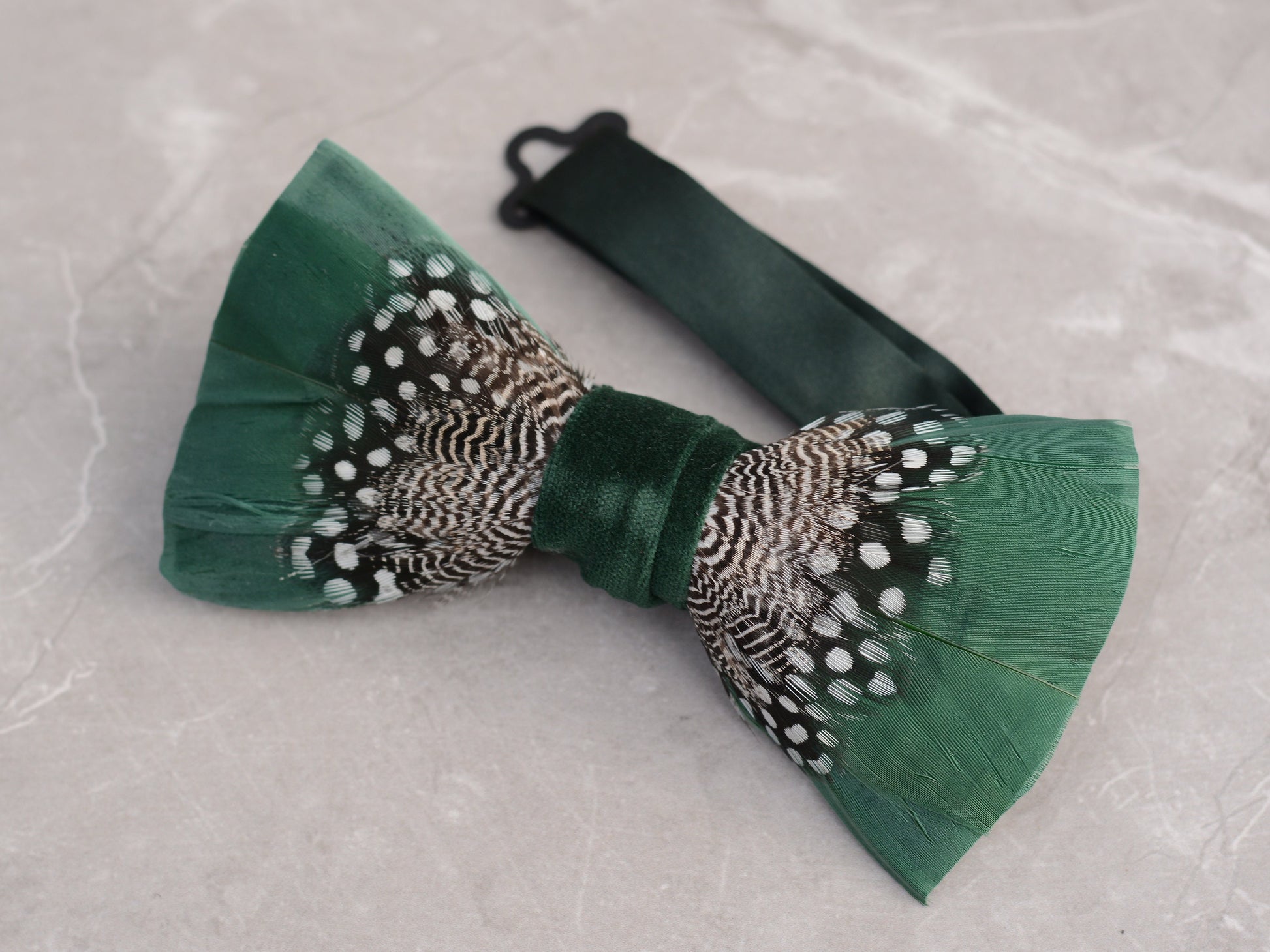 Feather Bow Tie in Deep Green and Monochrome Polka Dot | Grooms Outfit | Feather Neck Tie | Mens Gift | Black Tie