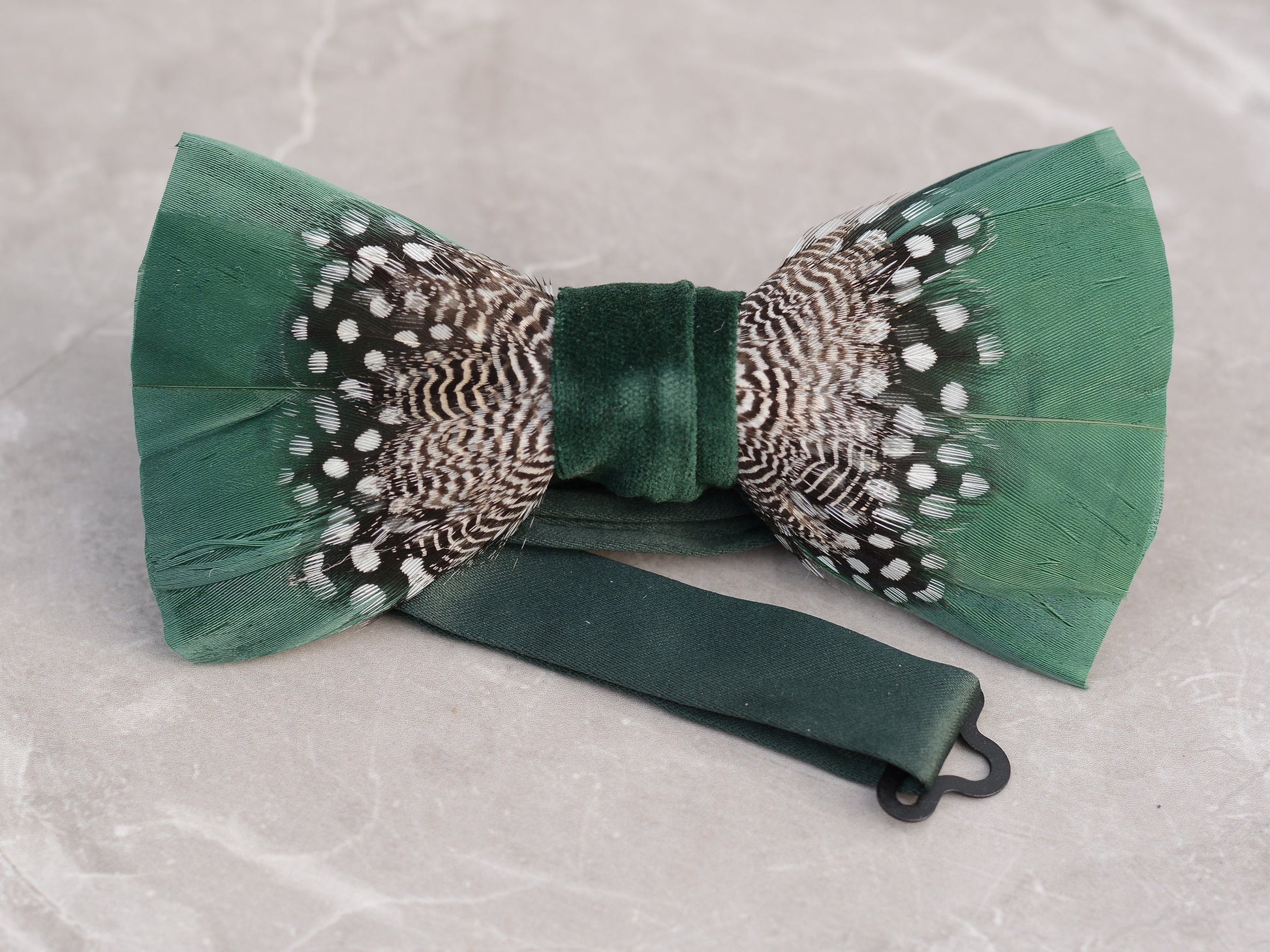 Feather Bow Tie in Deep Green and Monochrome Polka Dot | Grooms Outfit | Feather Neck Tie | Mens Gift | Black Tie