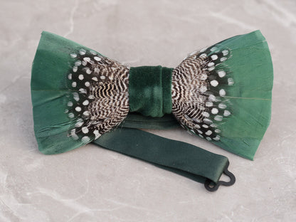Feather Bow Tie in Deep Green and Monochrome Polka Dot | Grooms Outfit | Feather Neck Tie | Mens Gift | Black Tie