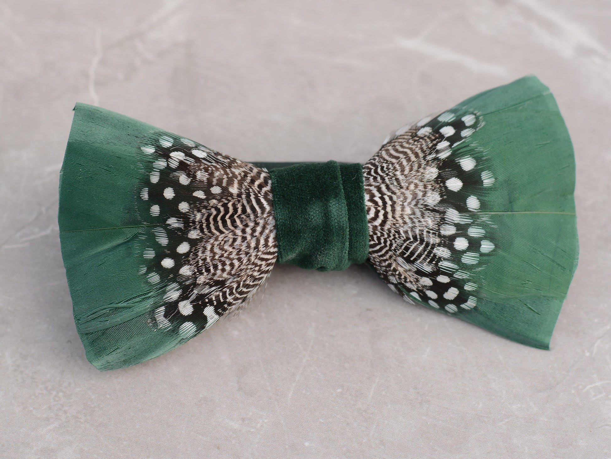 Feather Bow Tie in Deep Green and Monochrome Polka Dot | Grooms Outfit | Feather Neck Tie | Mens Gift | Black Tie