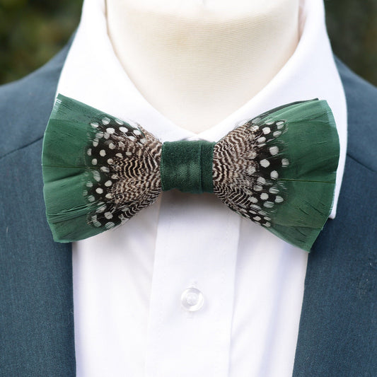 Feather Bow Tie in Deep Green and Monochrome Polka Dot | Grooms Outfit | Feather Neck Tie | Mens Gift | Black Tie