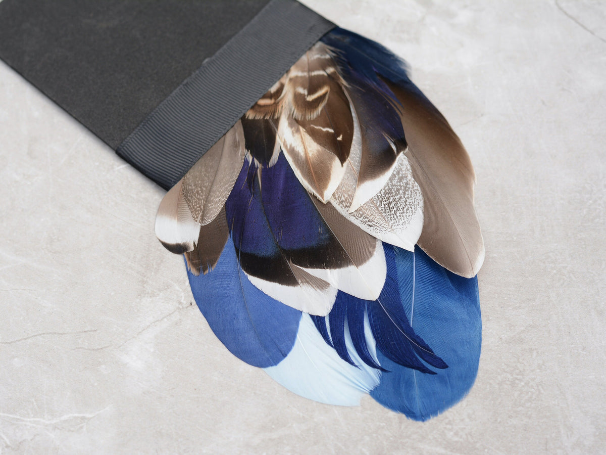 Navy Blue and Grey and Duck Feather Pocket Square No.254 | Suit Accessory | Feather Neck Tie | Grooms Outfit |