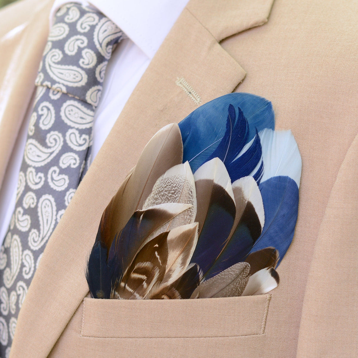 Navy Blue and Grey and Duck Feather Pocket Square No.254 | Suit Accessory | Feather Neck Tie | Grooms Outfit |