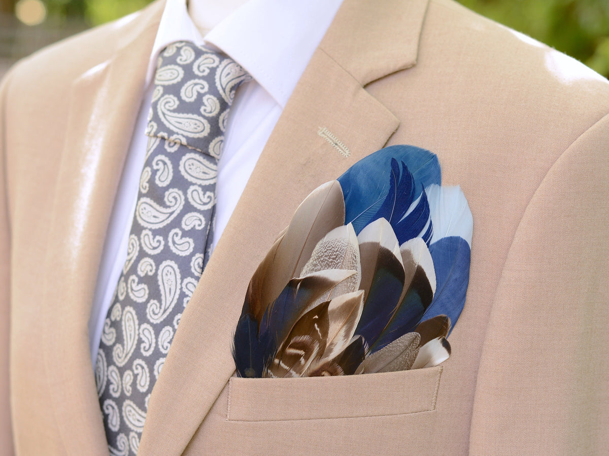 Navy Blue and Grey and Duck Feather Pocket Square No.254 | Suit Accessory | Feather Neck Tie | Grooms Outfit |