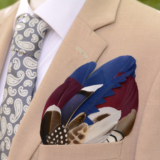 Navy Blue and Burgundy Duck Feather Pocket Square No.255 | Suit Accessory | Feather Neck Tie | Grooms Outfit | Groomsmen Gift