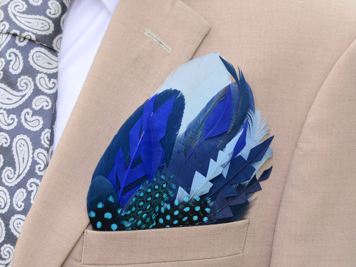 Shades of Blue Feather Pocket Square No.259 | Suit Accessory | Feather Neck Tie | Grooms Outfit | Groomsmen Gift