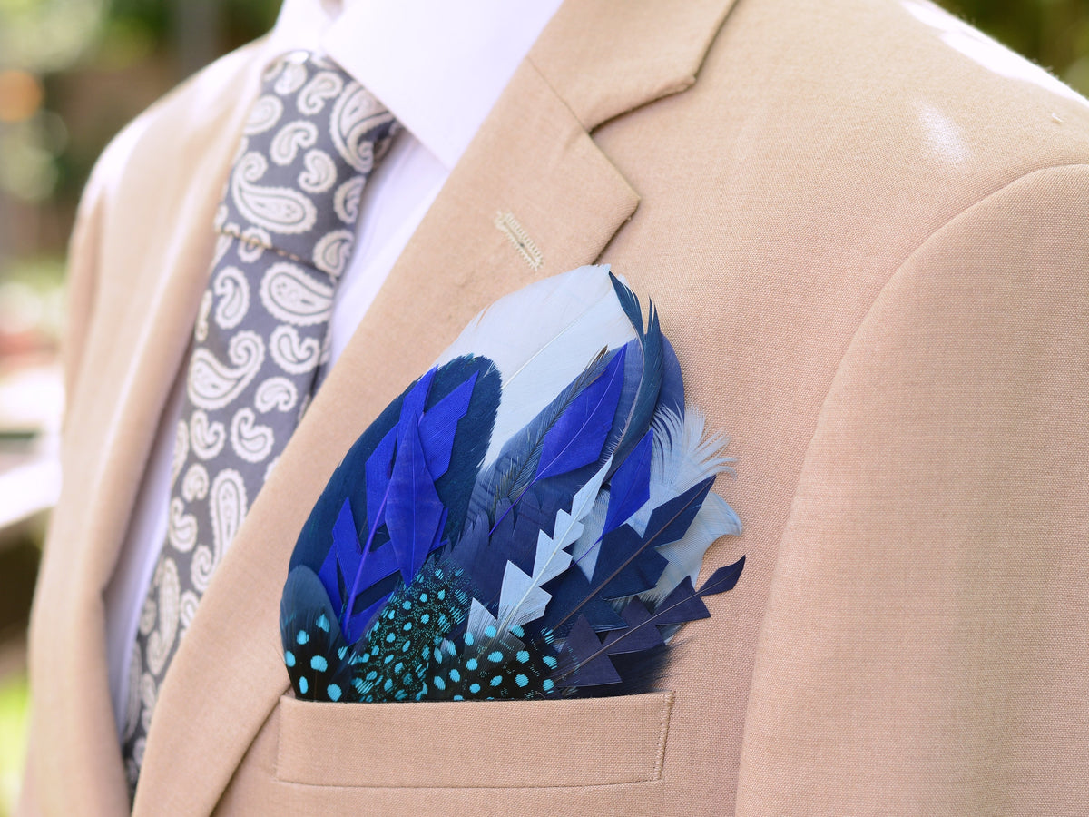 Shades of Blue Feather Pocket Square No.259 | Suit Accessory | Feather Neck Tie | Grooms Outfit | Groomsmen Gift