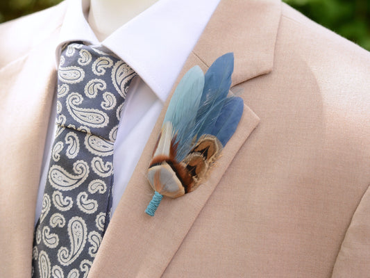 Feather Hat Pin in Ombre Blue Pheasant and Duck Feathers | Duck Feather Boutonniere |Pheasant Feather Brooch