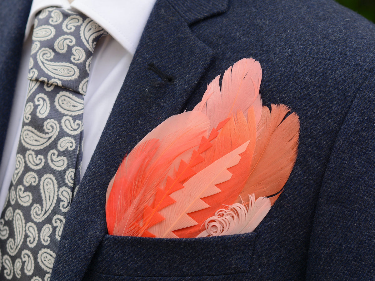 Ombre Flamingo, Coral and Blush Pink Feather Pocket Square No.278 | Suit Accessory | Feather Neck Tie | Grooms Outfit | Groomsmen | Wedding
