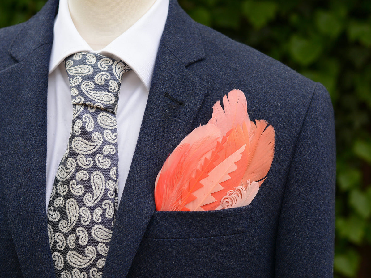 Ombre Flamingo, Coral and Blush Pink Feather Pocket Square No.278 | Suit Accessory | Feather Neck Tie | Grooms Outfit | Groomsmen | Wedding