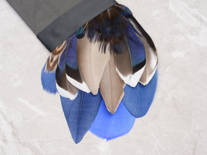Deep Navy Blue and Grey Duck and Pheasant Feather Pocket Square No.269 | Suit Accessory | Feather Neck Tie | Grooms Outfit |