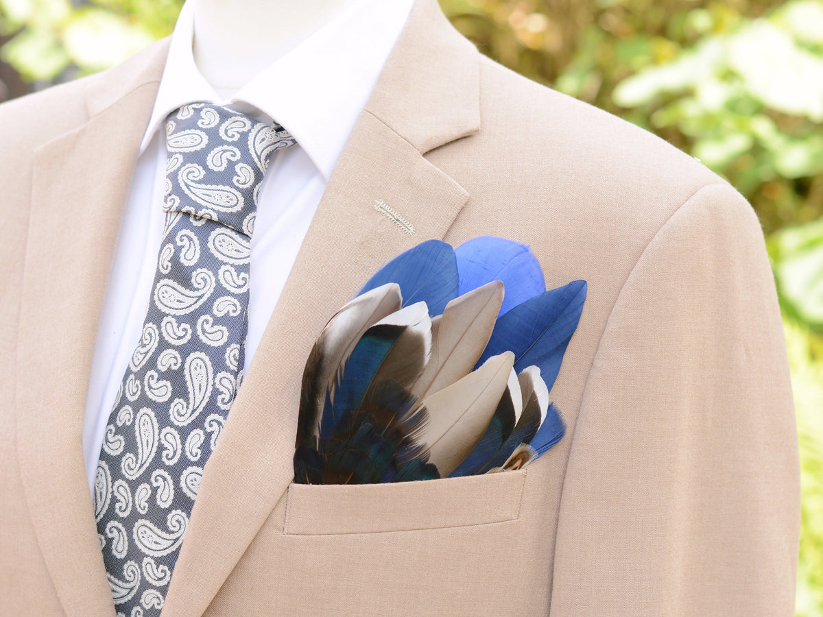 Deep Navy Blue and Grey Duck and Pheasant Feather Pocket Square No.269 | Suit Accessory | Feather Neck Tie | Grooms Outfit |