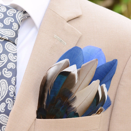 Deep Navy Blue and Grey Duck and Pheasant Feather Pocket Square No.269 | Suit Accessory | Feather Neck Tie | Grooms Outfit |