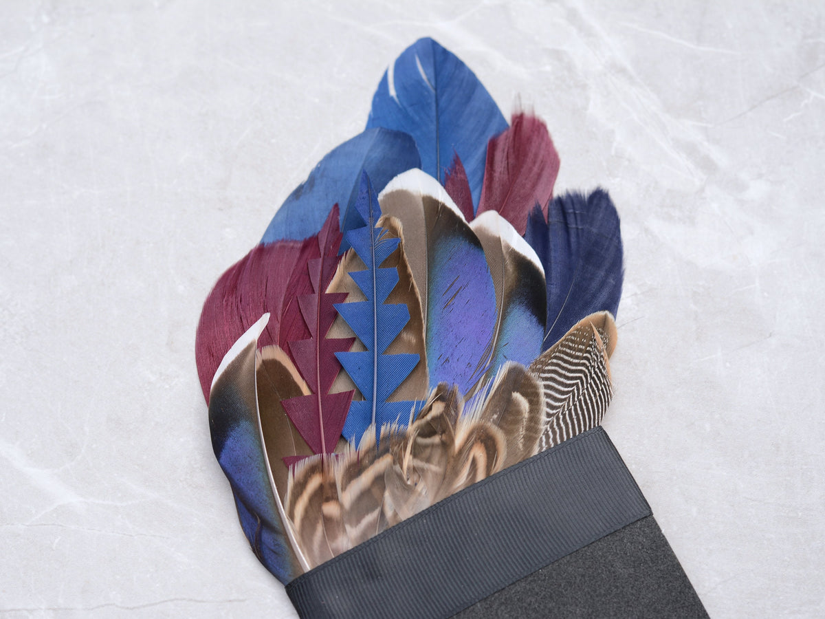 Navy Blue and Burgundy Duck Feather Pocket Square No.261 | Suit Accessory | Feather Neck Tie | Grooms Outfit