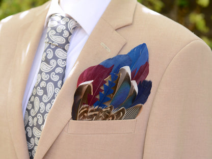Navy Blue and Burgundy Duck Feather Pocket Square No.261 | Suit Accessory | Feather Neck Tie | Grooms Outfit