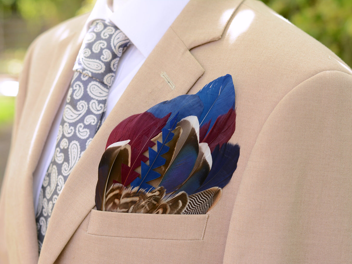 Navy Blue and Burgundy Duck Feather Pocket Square No.261 | Suit Accessory | Feather Neck Tie | Grooms Outfit