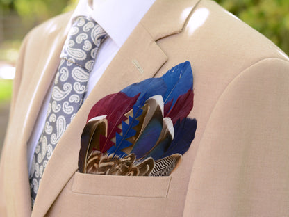 Navy Blue and Burgundy Duck Feather Pocket Square No.261 | Suit Accessory | Feather Neck Tie | Grooms Outfit
