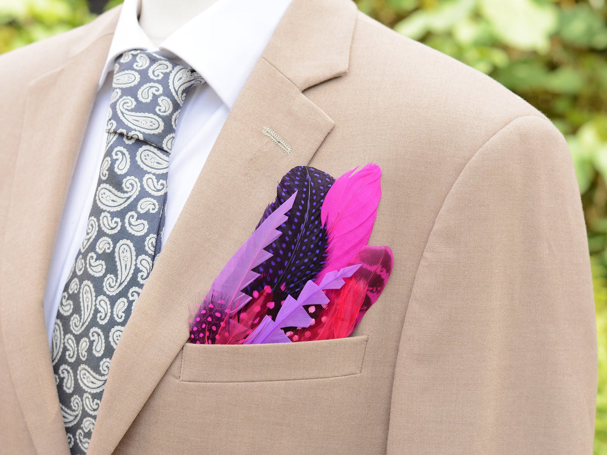 Purple and Pink Spotted Feather Pocket Square No.267 | Suit Accessory | Feather Neck Tie | Grooms Outfit | Groomsmen Gift | Wedding