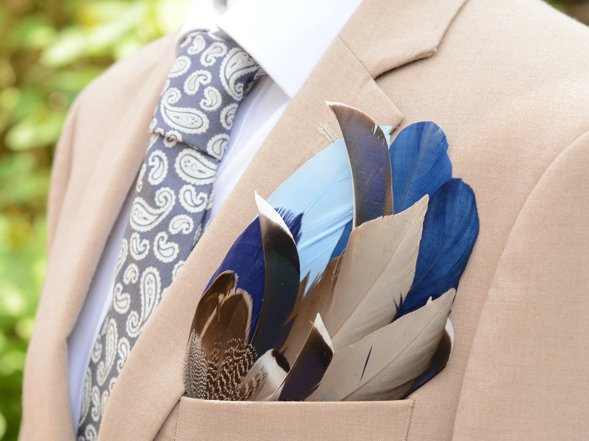 Navy Blue and Grey Duck Feather Pocket Square No.266 | Suit Accessory | Feather Neck Tie | Grooms Outfit |
