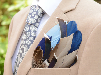 Navy Blue and Grey Duck Feather Pocket Square No.266 | Suit Accessory | Feather Neck Tie | Grooms Outfit |