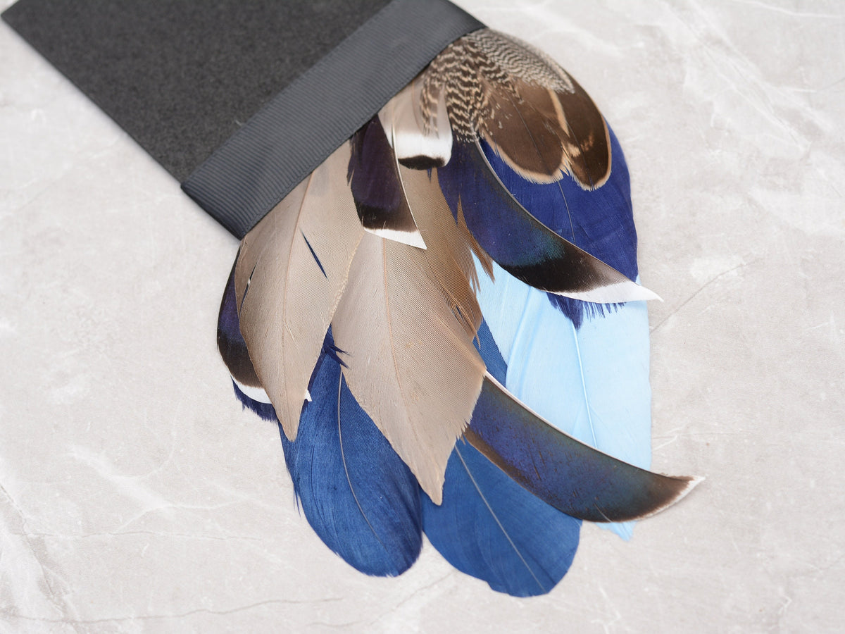 Navy Blue and Grey Duck Feather Pocket Square No.266 | Suit Accessory | Feather Neck Tie | Grooms Outfit |