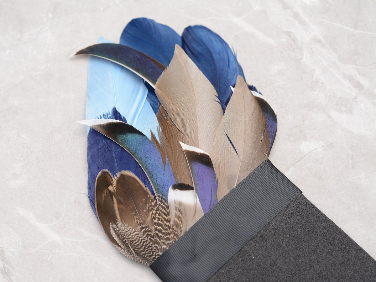 Navy Blue and Grey Duck Feather Pocket Square No.266 | Suit Accessory | Feather Neck Tie | Grooms Outfit |