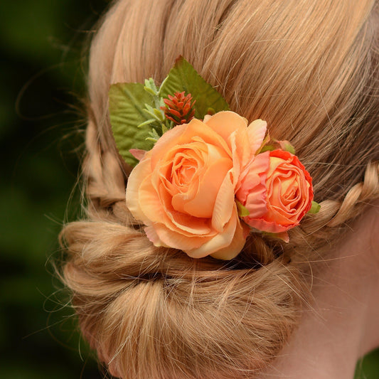 Orange Rose and Ranunculus Flower Hair Clip | Orange Flower Hair Clip | Rose Hair Clip | Bridesmaids Hair Clip | Hair Accessory