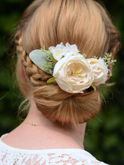 Ivory Off White Rose and Cherry Blossom Flower Hair Clip | White Flower Hair Clip | White Blossom Hair Clip | Bridesmaids Hair Clip