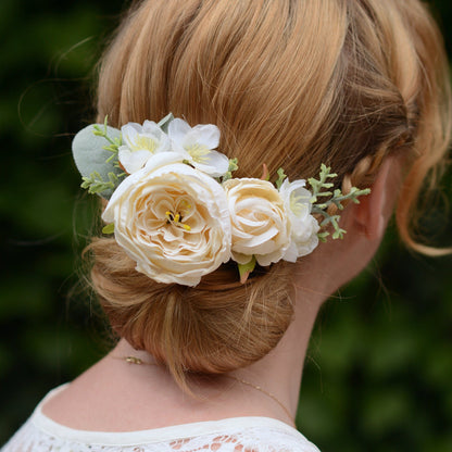 Ivory Off White Rose and Cherry Blossom Flower Hair Clip | White Flower Hair Clip | White Blossom Hair Clip | Bridesmaids Hair Clip