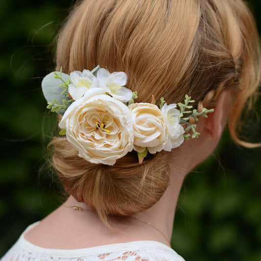 Ivory Off White Rose and Cherry Blossom Flower Hair Clip | White Flower Hair Clip | White Blossom Hair Clip | Bridesmaids Hair Clip