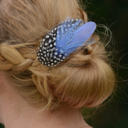 Feather Hair Clip in Cornflower Blue and Polka Dot | Blue Feather Hair Clip | Pastel Blue Feather Headpiece | Wedding Fascinator