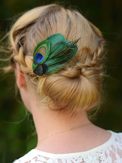 Green Peacock Feather Hair Clip Fascinator, Peacock Feather Headpiece