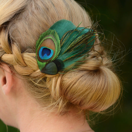 Green Peacock Feather Hair Clip Fascinator, Peacock Feather Headpiece