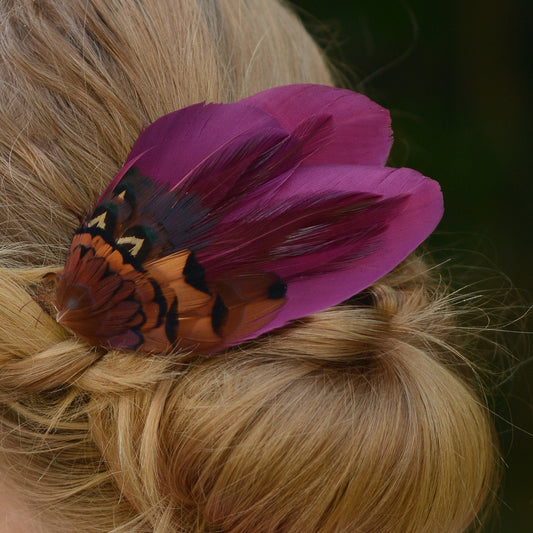 Plum and Copper Pheasant Feather Hair Clip No.20, Feather Fascinator, Wedding Hair Clip