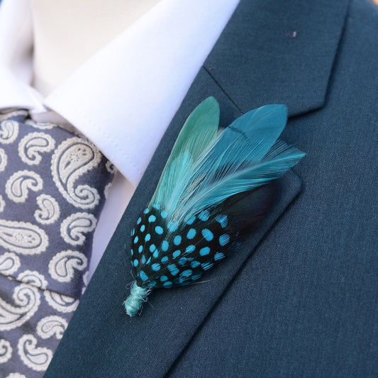 Ombre Shades of Turquoise Blue and Green Feather Lapel Pin | Duck Feather Boutonniere | Pheasant Feather Brooch | Feather Hat Pin