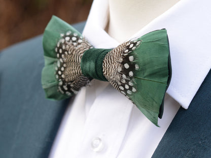 Feather Bow Tie in Deep Green and Monochrome Polka Dot | Grooms Outfit | Feather Neck Tie | Mens Gift | Black Tie
